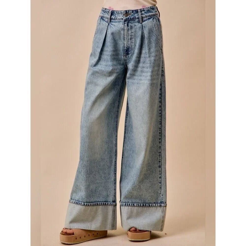 SO ME Mid Rise Plated Wid Leg Wide Leg Light Wash Denim Jeans 28"-29"